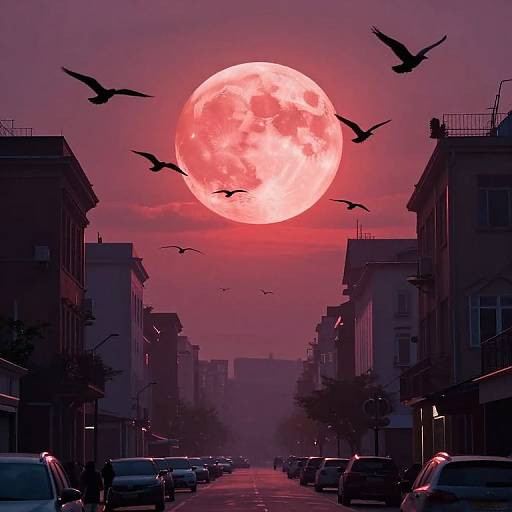 Photograph of a vibrant red full moon rising over a dark, silhouetted urban street with parked cars and flying birds.