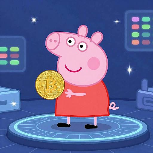 Peppa Pig with Shiny Bitcoin Coin
