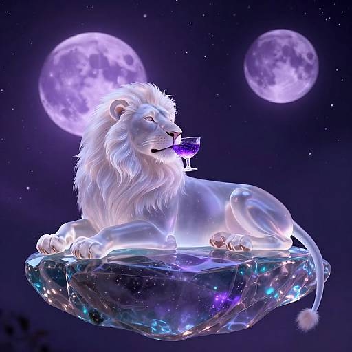 Digital artwork of a glowing white lion with a glass of purple wine, lying on a starry, crystal-like rock under a purple moonlit sky.