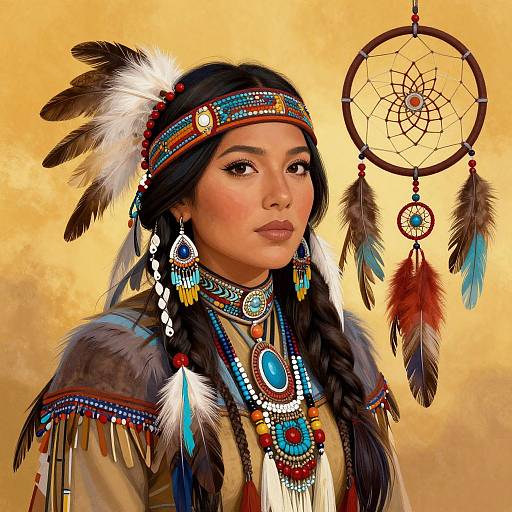 Digital painting of an Asian woman in Native American attire with colorful feathered headband, braided hair, detailed jewelry, and dreamcatcher.
