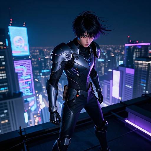 Digital anime-style drawing of a black-haired, purple-eyed, armored male character standing on a rooftop at night, with a neon-lit cityscape in