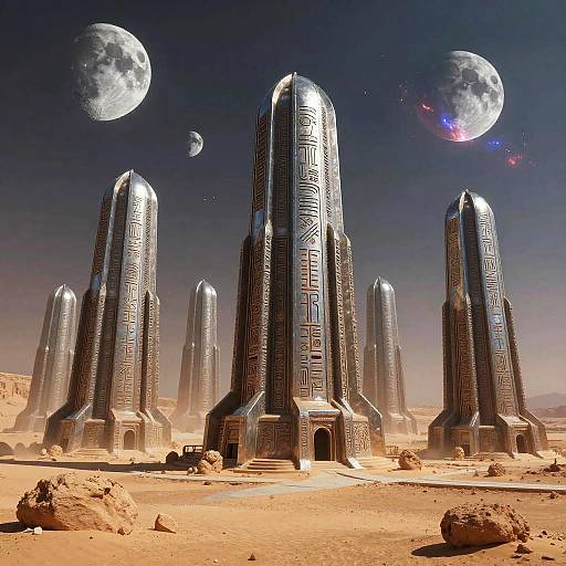 Photorealistic CGI of a desert landscape with tall, metallic, Egyptian-inspired towers adorned with hieroglyphs, under a moonlit, starry