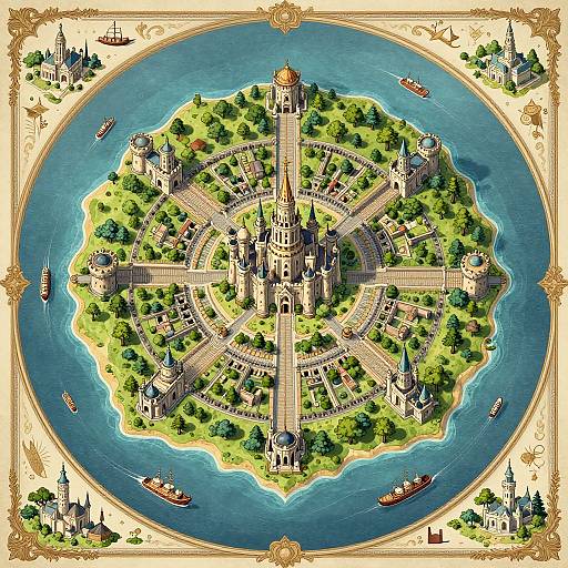 Detailed, colorful, overhead map illustration of a lush, island city with a central cathedral, surrounded by blue water, boats, and smaller islands.