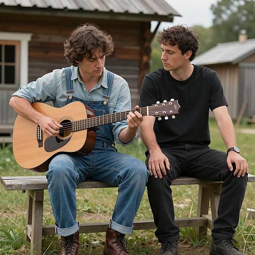 Two Men Enjoying Guitar by Rustic House
