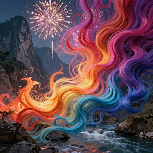 Digital art: Vibrant, swirling rainbow flames cascade over rocky river, illuminated by fireworks against a night sky with mountainous landscape.
