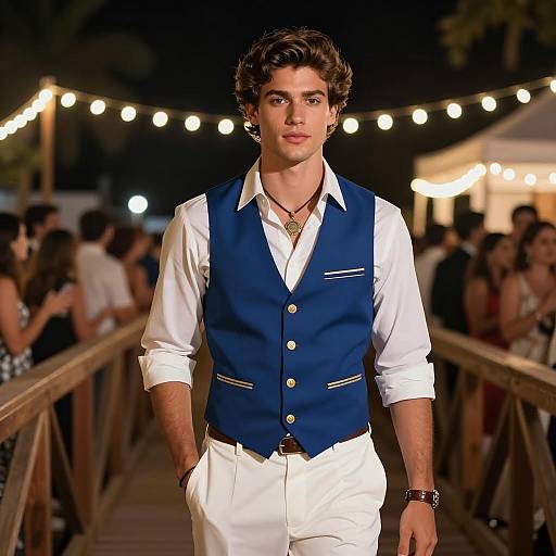 Young Man in Nautical Party Outfit at Night