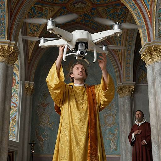 Photograph of a young man in a golden robe, holding a white drone in a ornately decorated, cathedral-like room, with a clergyman in