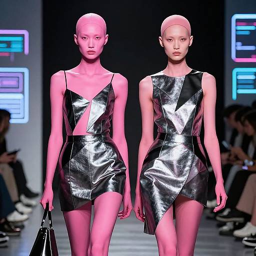 Photograph of two bald, slender models in shiny black metallic sleeveless dresses, walking a neon-lit runway, holding black handbags.