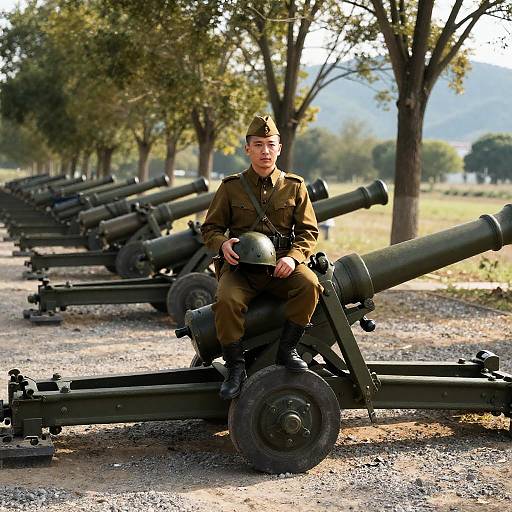 Military Man Posing with Artillery Cannon