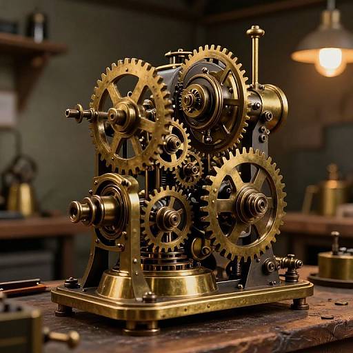 Photograph of an intricate, brass mechanical gearbox with multiple interlocking gears, illuminated by warm workshop lighting on a wooden table.