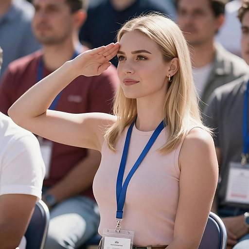 Sunlit Blonde Woman Saluting in Crowd