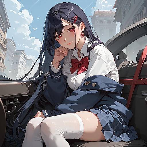 Anime Girl Sitting in Car City View
