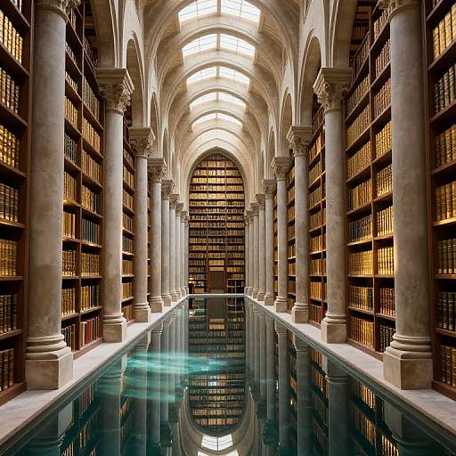 Photograph of a grand library with arched ceilings, columns, and rows of bookshelves. A reflective water channel runs down the center, mir