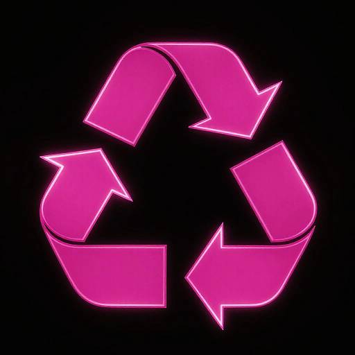 Neon pink recycling symbol with glowing edges on a black background, forming a continuous loop of arrows. Digital graphic.