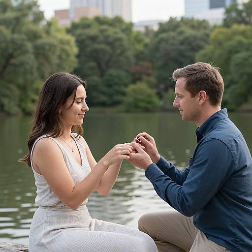 Photograph of a smiling couple by a lake, man in blue shirt proposing to woman in white dress, surrounded by green trees.