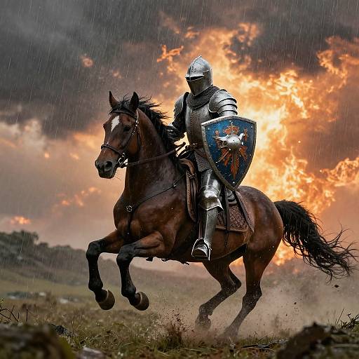 Armored Knight Charging on Horseback in Stormy Fiery Landscape