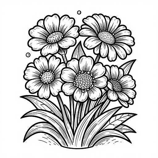 Black and white line drawing of six detailed, large flowers with textured petals and intricate centers, surrounded by elongated leaves.