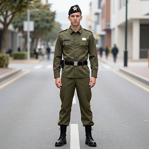 Photograph of a young male soldier in olive green uniform and black cap, standing on a blurred city street with trees and buildings in the background.