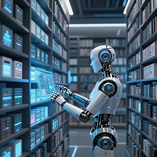 Cybernetic robot with white and blue metallic body, accessing digital screens on illuminated, towering server shelves in futuristic library.