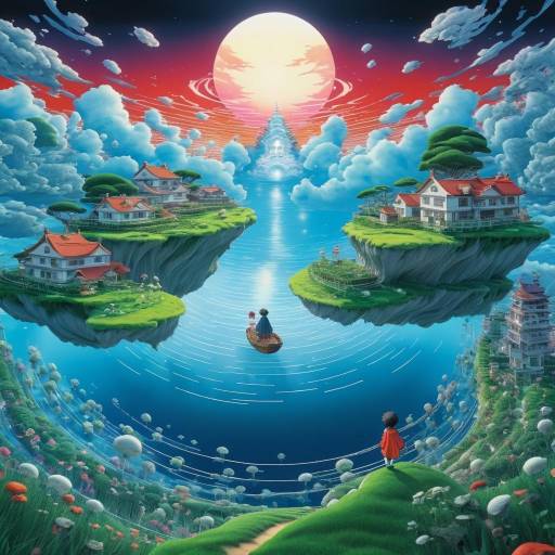 Fantasy Floating Islands with Traditional Houses under Giant Sun