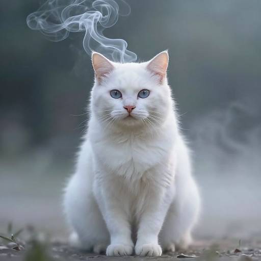 Photograph of a white cat with blue eyes and pink nose, sitting on a path with wisps of smoke above its head.