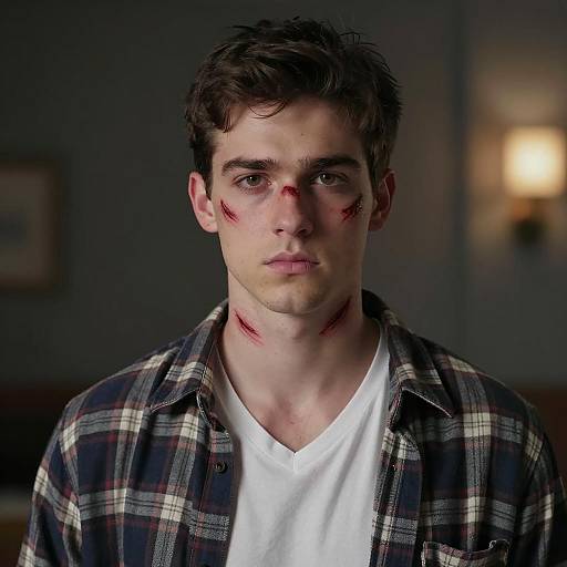 Serious Young Man with Facial Scratches