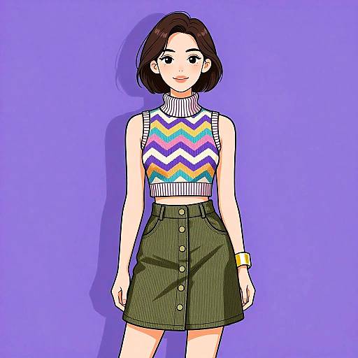 Digital drawing of a young woman with short brown hair, wearing a chevron-patterned sleeveless top, green button-up skirt, and gold bracelet,