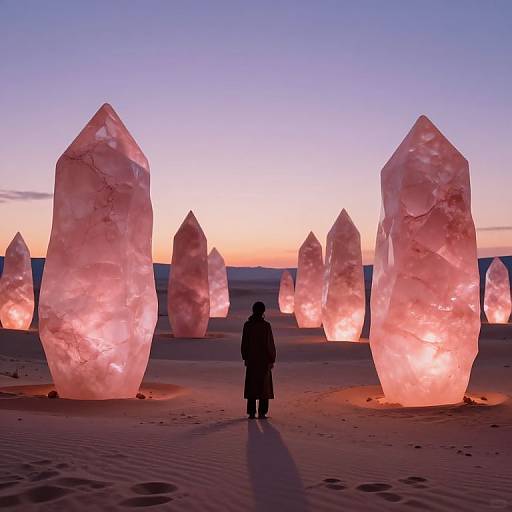 Photograph of a person in silhouette, standing in a desert at sunset, surrounded by glowing, pink-hued, crystalline rock formations.