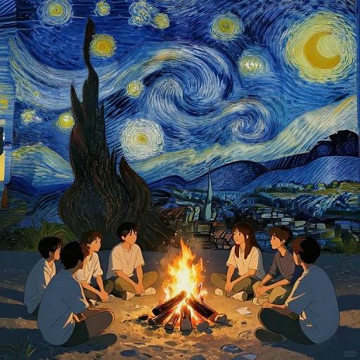 Anime-style digital illustration of six teenagers sitting around a campfire under a night sky with swirling blue and yellow stars.