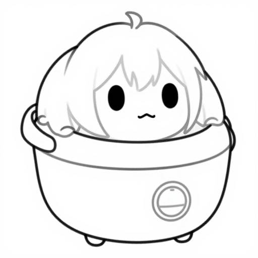 Cute black-and-white line drawing of a chibi-style character with a round head, small arms, and a large dome-shaped hat.