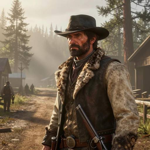 Western Trapper with Hunting Rifle in Misty Forest Town