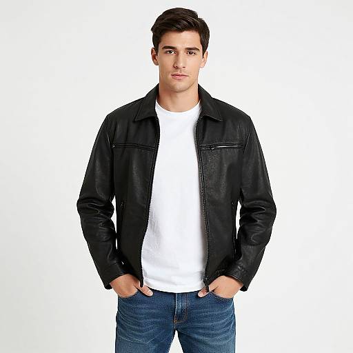 Photograph of a young man with short brown hair, wearing a black leather jacket, white t-shirt, and blue jeans, standing against a plain white