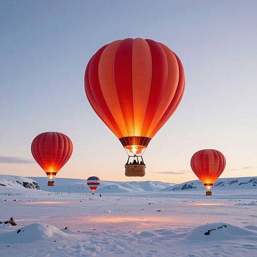 Photograph of five red hot air balloons soaring over a snowy landscape at sunrise, with a clear blue sky and distant mountains.