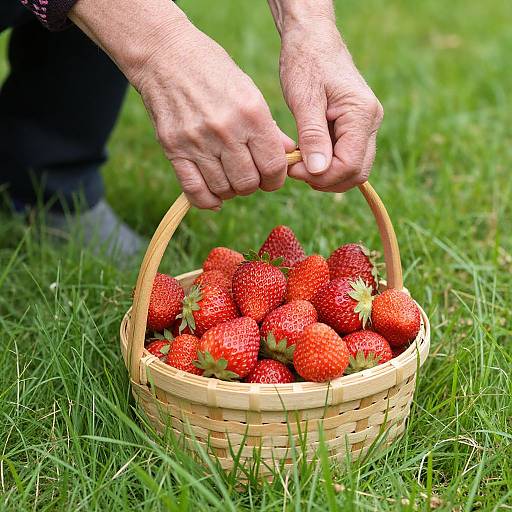 Photograph of hands holding a woven basket filled with bright red strawberries, resting on green grass. Close-up shot.