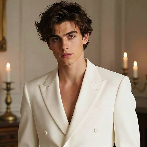 Photograph of a handsome young man with dark, wavy hair, wearing a white, double-breasted suit, standing in an elegant room with lit