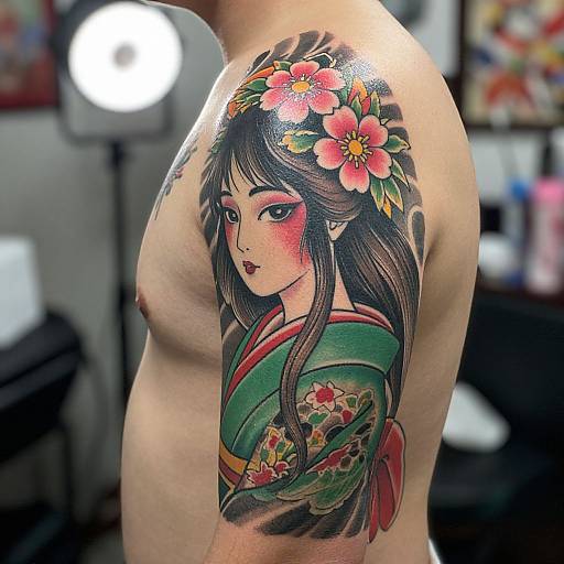 Photograph of a tattooed male shoulder with a colorful, traditional Japanese-style portrait of a woman in a green kimono, adorned with pink flowers,
