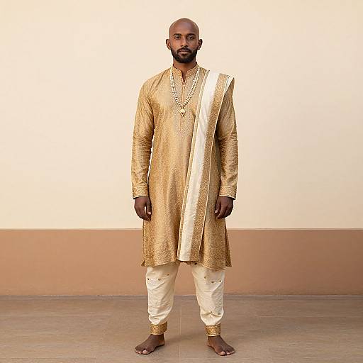 Photograph of a bald Black man with a beard, wearing a gold and white traditional Indian kurtka, white pants, and gold anklets,