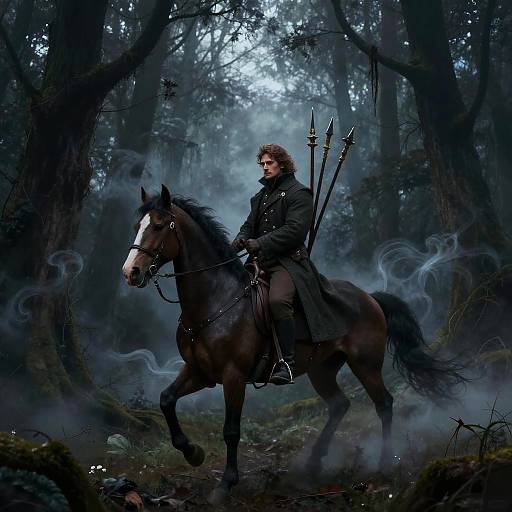 Digital fantasy artwork of a bearded man with curly hair, wearing dark medieval armor, riding a black horse with quiver arrows, in a misty