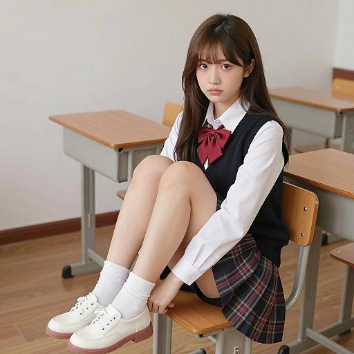 Asian Schoolgirl Sitting on Desk