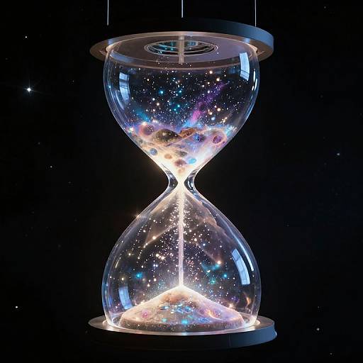 Digital art of a glowing hourglass filled with colorful, sparkling stars against a black background, suspended by invisible strings.