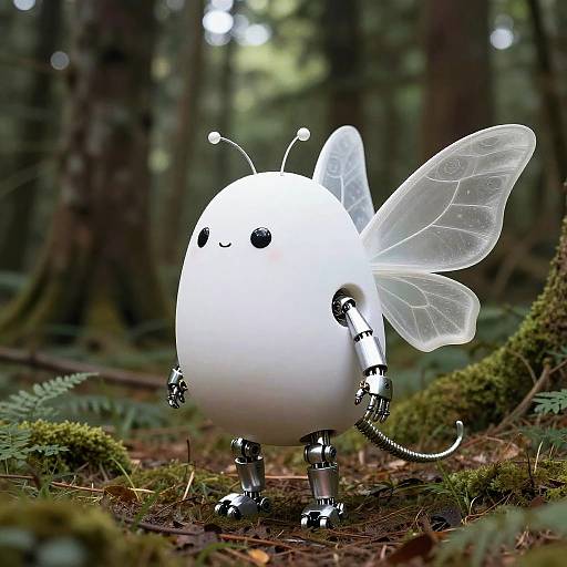 Photograph of a white, spherical, robotic fairy with transparent wings, metal legs, and antennae, standing in a mossy forest.