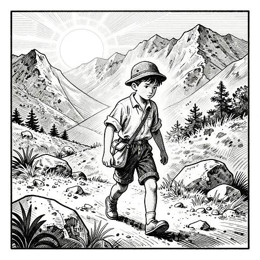 Vintage style drawing of boy hiking in mountains