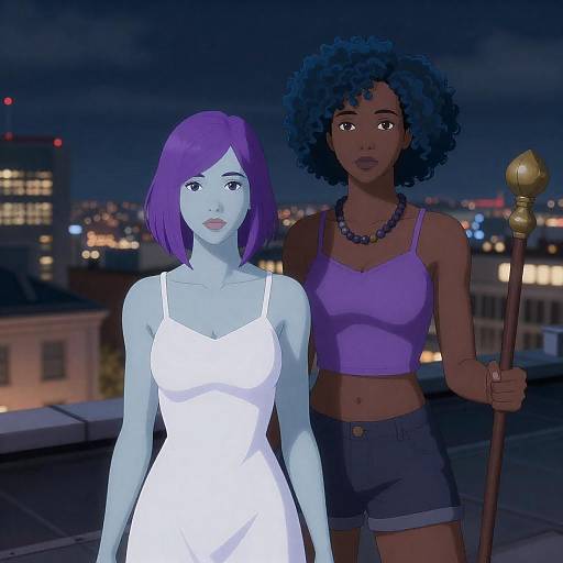 Moonlit Rooftop: Two Women Guardians