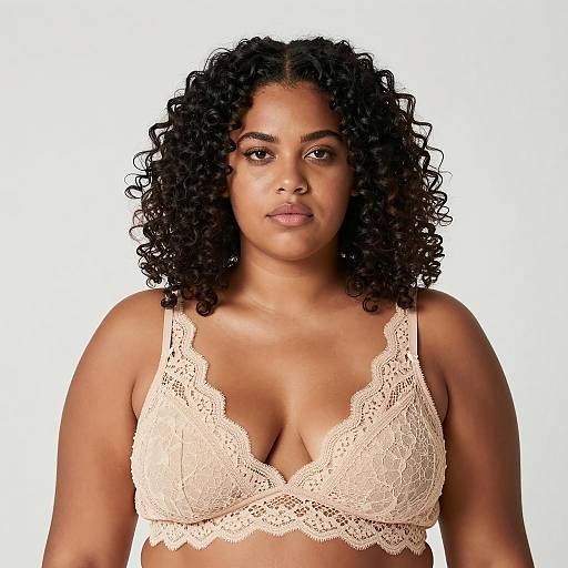 Plus-Sized Woman in Beige Lace Bralette