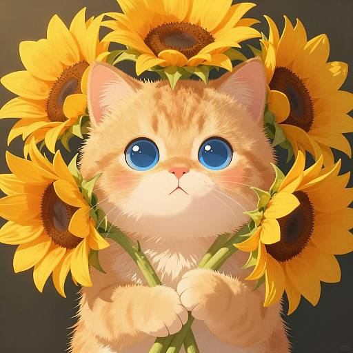 Charming Kitten with Sunflowers Illustration