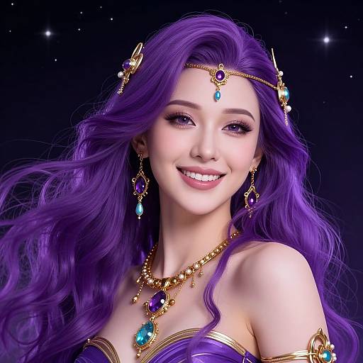 Digital portrait of a smiling, fair-skinned woman with vibrant purple hair, adorned in gold and purple jewelry, set against a starry night background.