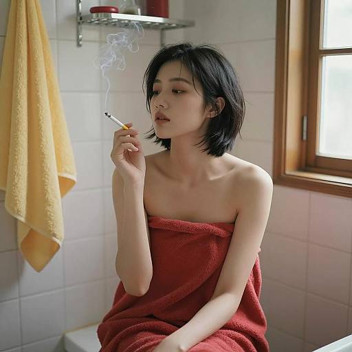 Elegant Woman in Tiled Bathroom Scene