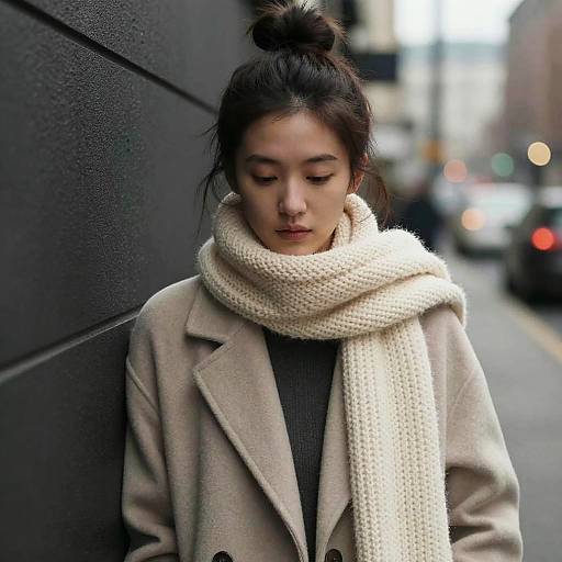 Photograph of a young Asian woman with dark hair in a top knot, wearing a beige coat and white knit scarf, standing against a dark wall,