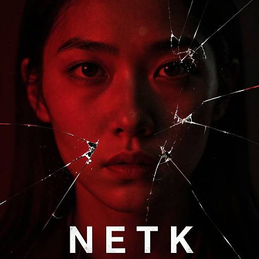 Photograph of a serious woman with cracked glass superimposed over her face, illuminated by red light, with 