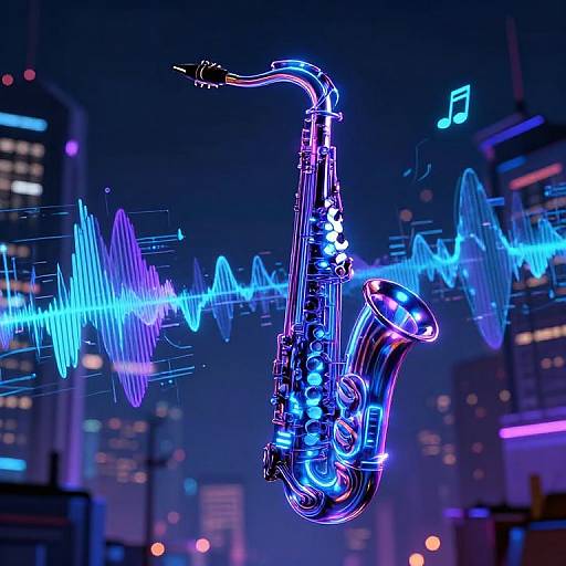 Neon-lit blue saxophone floating against a cityscape background with glowing blue ECG lines, musical notes, and purple-lit skyscrapers